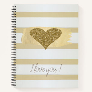 Adorable Gold Glitter Hearts Stripes-I Love You  Notebook