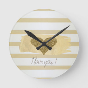 Adorable Gold Glitter Hearts Stripes-I Love You  Round Clock