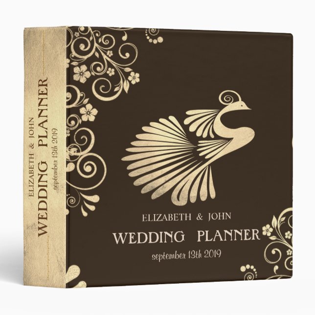 Adorable  Gold Peacock, Flowers Bridal Planner Binder (Front/Spine)