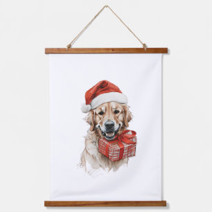 Adorable Golden Retriever in Santa Hat with Gift Hanging Tapestry