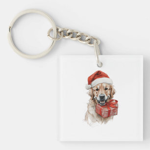 Adorable Golden Retriever in Santa Hat with Gift Keychain