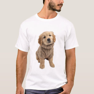 Adorable Golden Retriever Puppy in Cozy Brown Knit T-Shirt