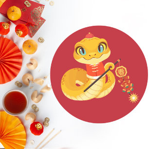 Adorable Golden Snake with Spring Firecracker Classic Round Sticker