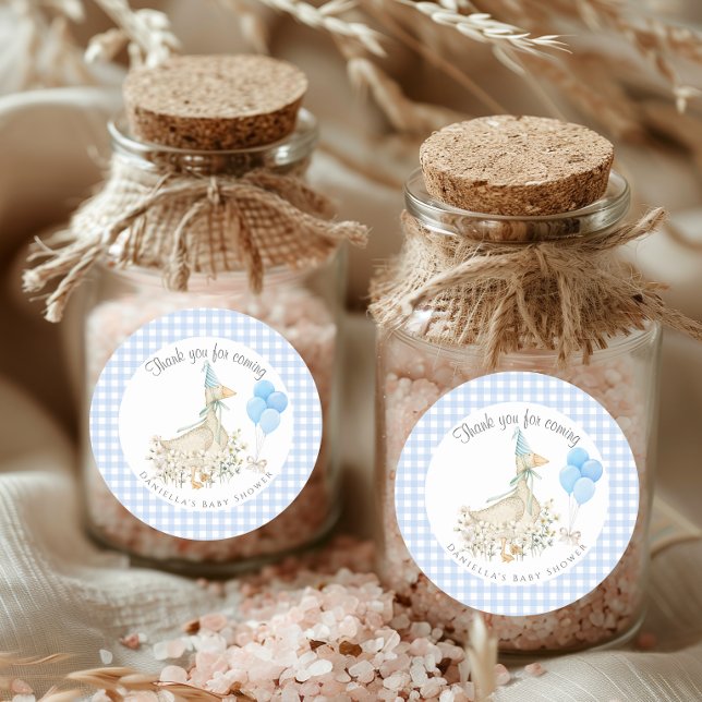 Adorable Goose Boy Baby Shower Blue Gingham Classic Round Sticker (Creator Uploaded)