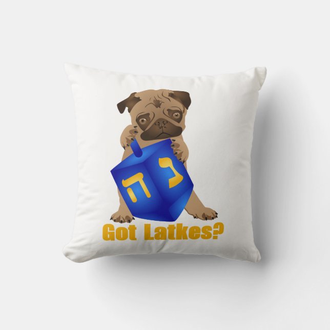 Adorable Got Latkes? Hankukkah Pug Puppy & Dreidel Throw Pillow (Front)