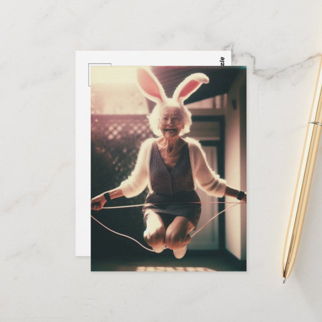 Adorable Granny Easter Bunny Jumping Rope Postcard (Front/Back In Situ)
