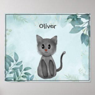 Adorable Gray Cat dans la Forêt Poster pour les en
