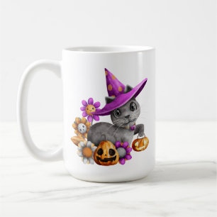 ADORABLE GRAY HALLOWEEN CAT WITH FLOWERS BATS COFFEE MUG