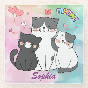 Adorable Grayish Cats Meow Love Personalized Glass Coaster
