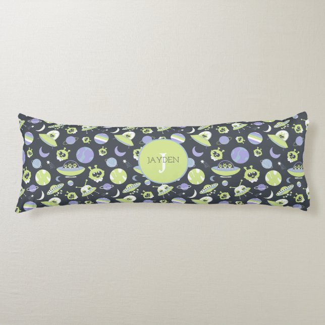 Adorable Green Aliens Space Ships UFO Kids Body Pillow (Front)