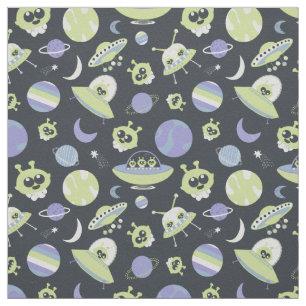 Adorable Green Aliens Space Ships UFO Kids Fabric