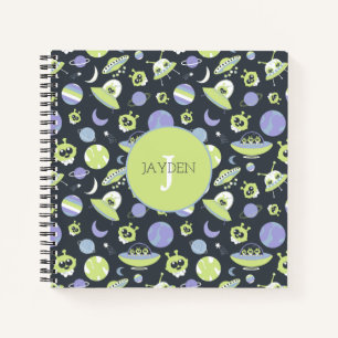 Adorable Green Aliens Space Ships UFO Kids Notebook