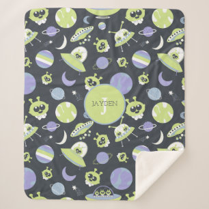 Adorable Green Aliens Space Ships UFO Kids Sherpa Blanket