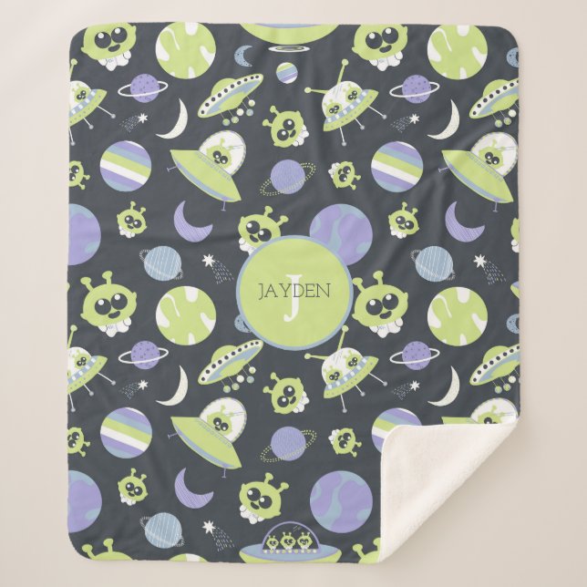 Adorable Green Aliens Space Ships UFO Kids Sherpa Blanket (Front)