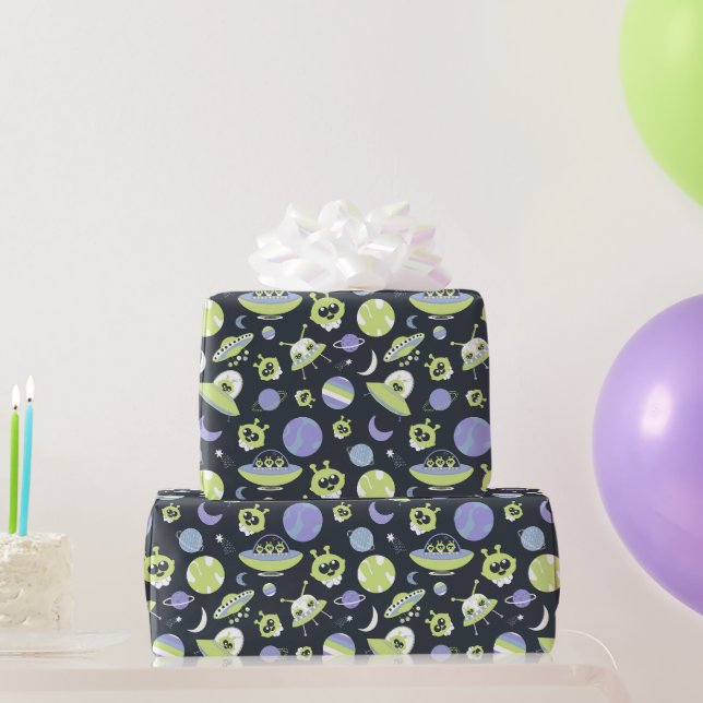Adorable Green Aliens Space Ships UFO Kids Wrapping Paper (Party Gifts)