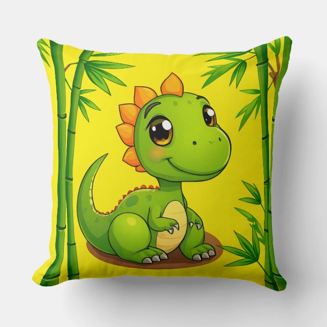 Adorable Green Cartoon Dinosaur Amid Bamboo Plants Throw Pillow (Front)