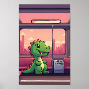 Adorable Green Dinosaur Riding the Train at Sunset Poster