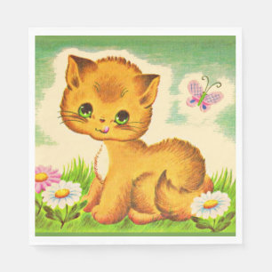 adorable green-eyed kitten print napkin