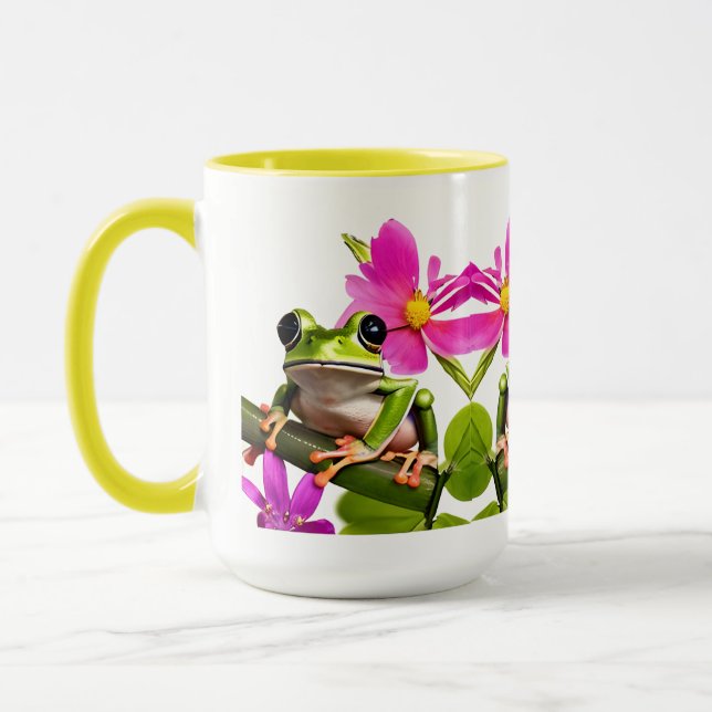 Adorable Green Frog Surrounded by Pink Flowers Mug (Left)