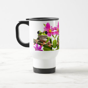 Adorable Green Frog Surrounded by Pink Flowers Travel Mug