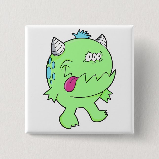 adorable green tongue chomper monster 2 inch square button (Front)