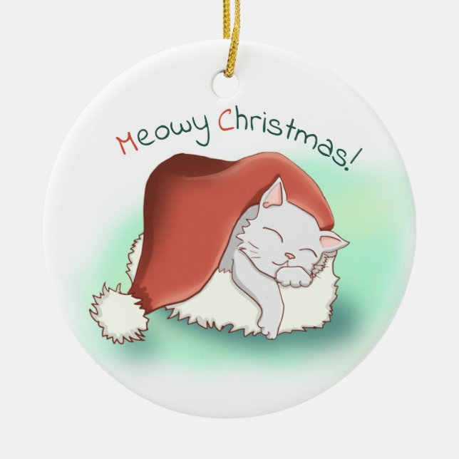 Adorable Grey Cartoon Cat Snoozing in Santa Hat Ceramic Ornament (Front)