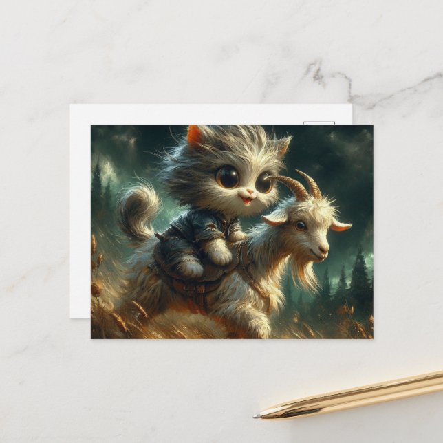 adorable grey kitten riding a goat postcard (Front/Back In Situ)