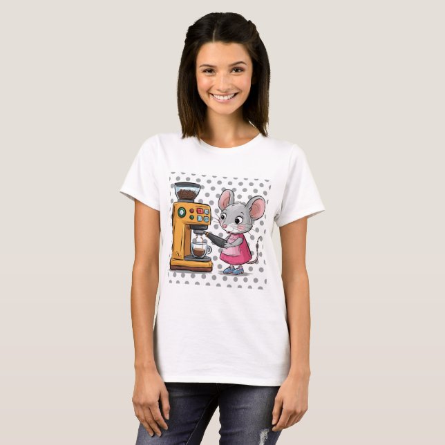 Adorable Grey Mouse Making Coffee T-Shirt (Front Full)