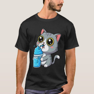 Adorable Grey Tabby Cat Sipping Blue Slushy Drink  T-Shirt
