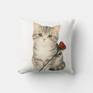 Adorable Grey Tabby Cat with Red Rose Floral Throw Pillow