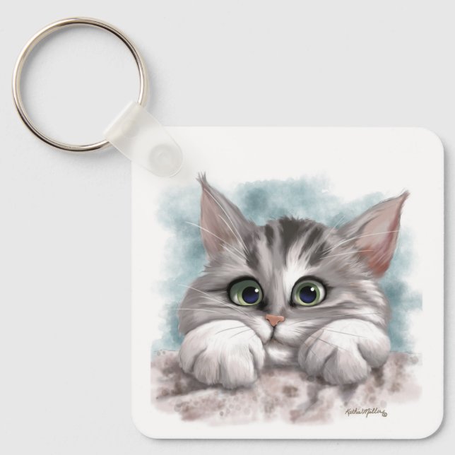 Adorable Grey Tabby Kitten Cartoon Keychain (Front)
