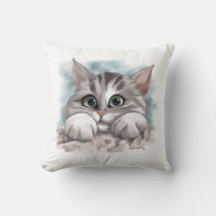 Adorable Grey Tabby Kitten Cartoon Throw Pillow