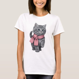 Adorable Grey Tabby Kitten Wearing Pink Scarf T-Shirt