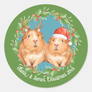 Adorable Guinea Pig Christmas Couple Classic Round Sticker