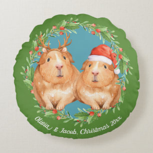 Adorable Guinea Pig Couple Christmas Round Pillow