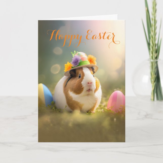 Adorable Guinea Pig with Easter Hat Holiday Card (Front)