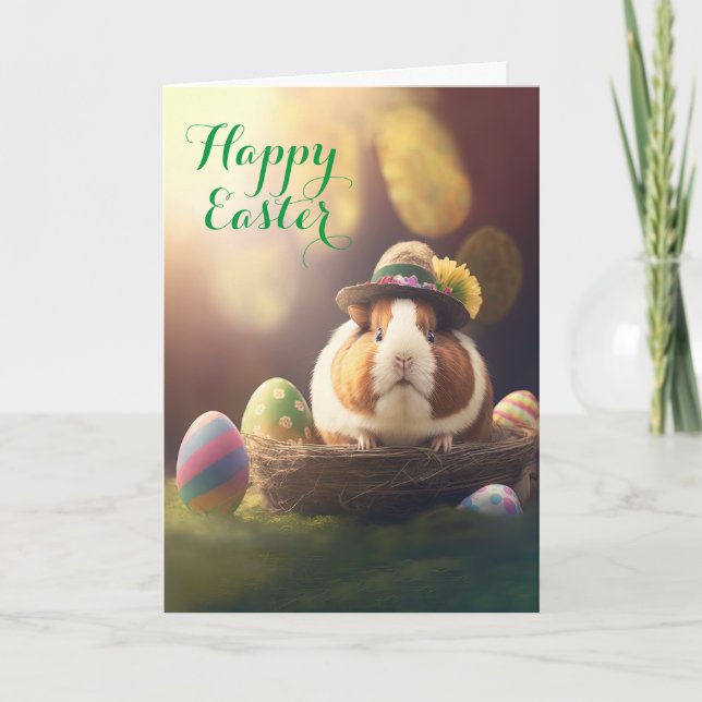 Adorable Guinea Pig with Eggs and Basket Easter Ho Holiday Card (Front)