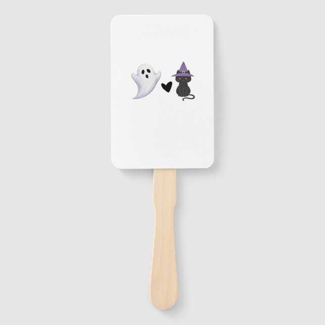 Adorable Halloween Duo Friendly Ghost and Black Ca Hand Fan (Front)