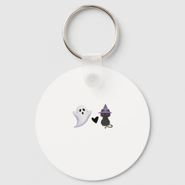 Adorable Halloween Duo Friendly Ghost and Black Ca Keychain (Front)