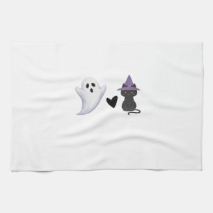 Adorable Halloween Duo Friendly Ghost and Black Ca Kitchen Towel
