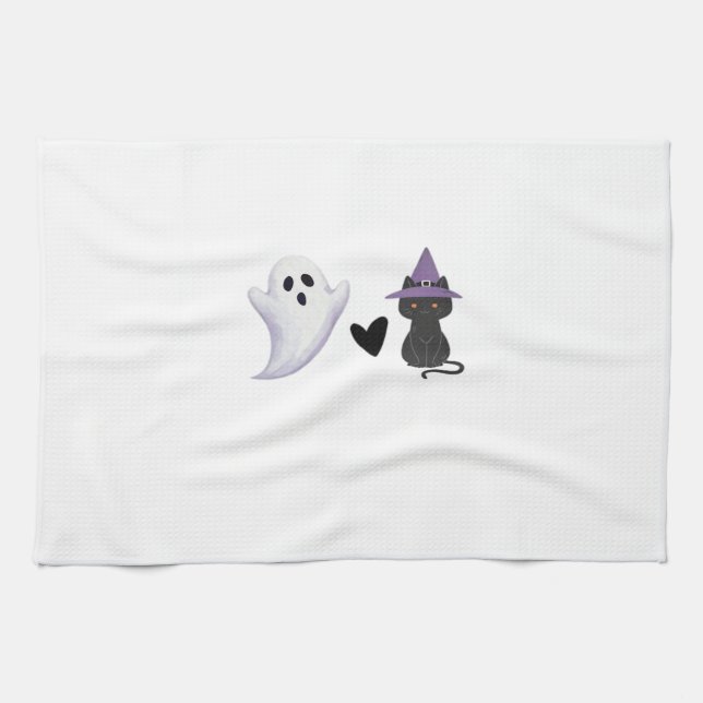 Adorable Halloween Duo Friendly Ghost and Black Ca Kitchen Towel (Horizontal)