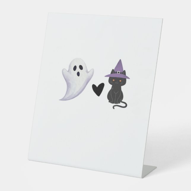 Adorable Halloween Duo Friendly Ghost and Black Ca Pedestal Sign (Front)