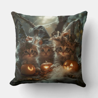 Adorable Halloween Kittens with Pumpkins Throw Pillow