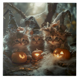 Adorable Halloween Kittens with Pumpkins Tile