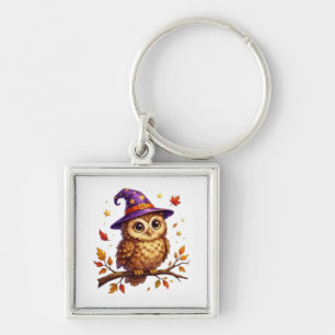 Adorable Halloween Owl Wearing Wizard Hat on Branc Keychain