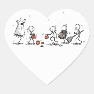 Adorable Halloween Stick Figure Scene Heart Sticker
