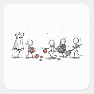 Adorable Halloween Stick Figure Scene Square Sticker