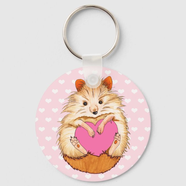 Adorable Hamster Illustration & Hearts Keychain (Front)