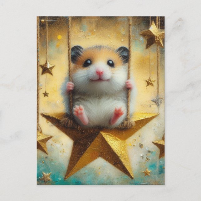 Adorable Hamster Swings on Gold Star Swing Postcard (Front)