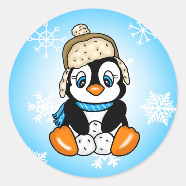 Adorable Hand drawn Penguin with Snowballs Classic Round Sticker (Front)